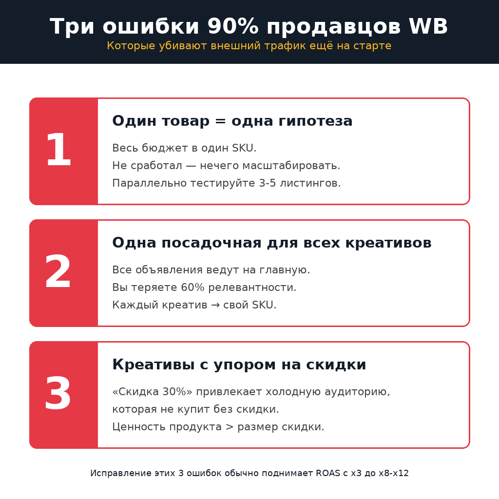 Три ошибки 90% продавцов WB: один товар на старте, одна посадочная, креативы со скидками